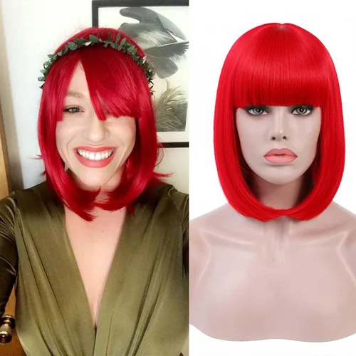 Vista 5 de Rosa Star - peluca con flequillo corto, de 12 pulgadas, pelo recto sintético, pelucas para las mujeres, peinado estilo Bob