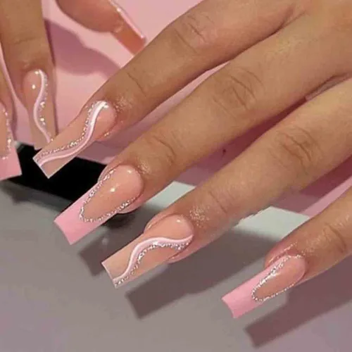 Vista 9 de Foccna Uñas postizas cuadradas largas, color rosa perla, uñas postizas acrílicas, uñas artificiales para mujeres y niñas, 24 piezas