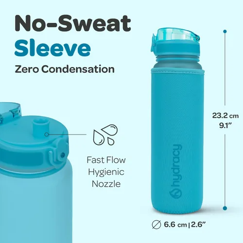 Vista 5 de Hydracy Botella de agua con horas para beber marcadas, grande, sin bisfenol A, a prueba de fugas, funda anticondensación, para gimnasio, con colador