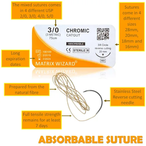 Vista 4 de Hilo de suturas mixtas con aguja (absorbible: catgut cromático; no absorbible: nailon, seda, poliéster, polipropileno) - Kit de práctica de heridas