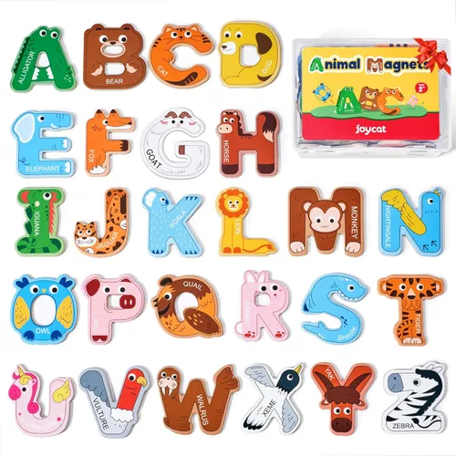 JoyCat Imanes de madera gruesos del alfabeto para nevera, tamaño grande, lindo animal, colorido ABC, letras magnéticas, 26 letras mayúsculas, juego