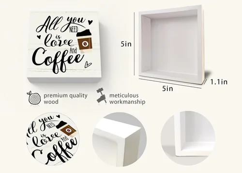 Vista 6 de Letrero de madera para decoración de escritorio, con texto en inglés «All You Need Is Love and Coffee», caja de madera, bloque de mesa auxiliar