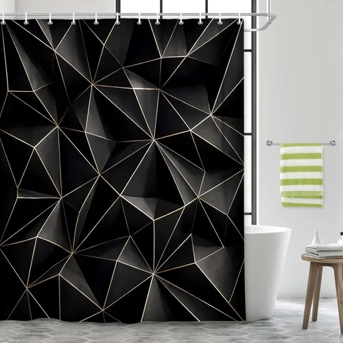 JAWO Black Gold Geometric Shower Curtain, Modern Abstract Polygonal Texture Bathroom Curtain, Waterproof Fabric Bath Curtain,6pcs Hooks, 36X70 in