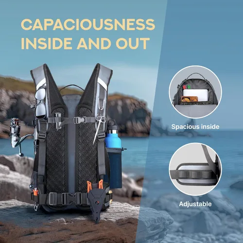 Vista 6 de Xelfly - Mochila de pesca impermeable con soporte para caña, válvula de aire inflable, correas acolchadas para la cintura y bucles para engranajes