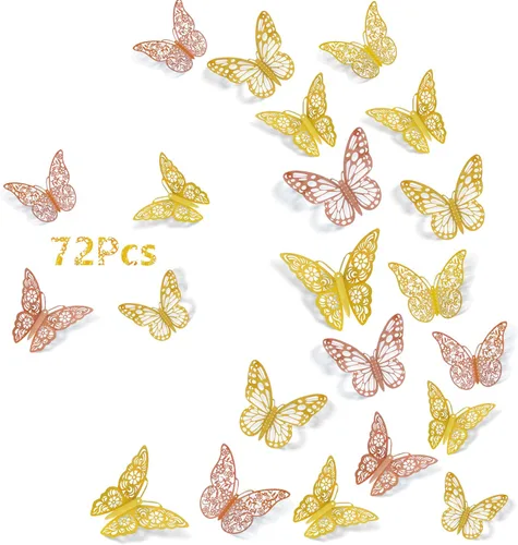 Vista 13 de Calcomanías de pared de mariposa 3D, 72 unidades, 3 tamaños, 3 estilos, calcomanías de pared metálicas extraíbles, calcomanías de pared para nevera