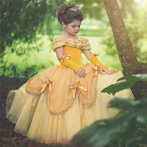Vista 6 de Disfraz de princesa de Bella para niñas, disfraz de belleza y bestia, Halloween, Navidad, boda, cumpleaños (accesorios)