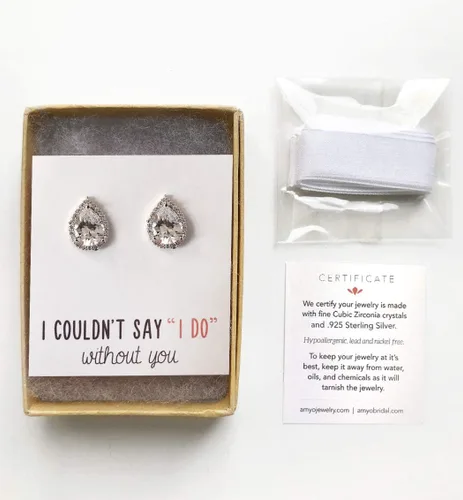 Vista 8 de Regalo de joyería de dama de honor de boda, poste de lágrima de pera o aretes de clip en oro, oro rosa, plata, Oro rosa Plata, Circonia cúbica