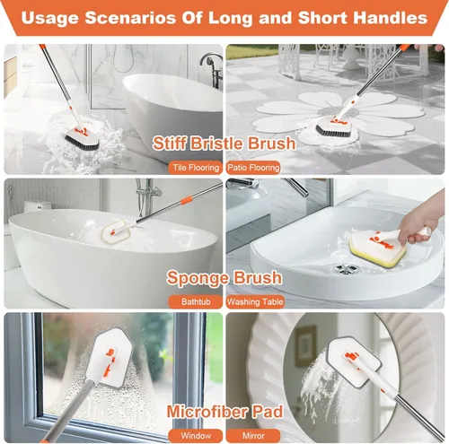 Vista 6 de Cepillo de limpieza de mango largo para ducha, cepillos de limpieza 3 en 1 con 3 cabezales de limpieza de diferentes funciones, cepillo