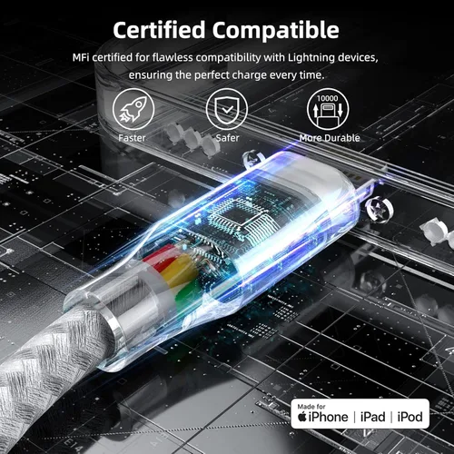 Vista 2 de Paquete de 3 cargadores para iPhone, cable trenzado de nailon Lightning de 10 pies con certificación MFi de Apple, cable de carga rápida compatible