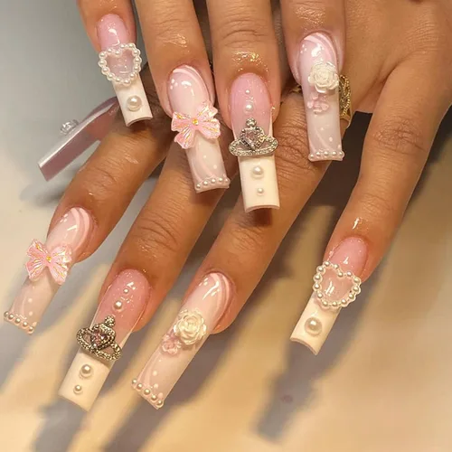 Vista 9 de Uñas postizas a presión con punta francesa, cuadradas, largas, medianas, con lazo 3D, diseños de línea de copo de nieve, uñas de invierno, uñas a