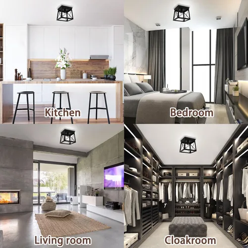 Vista 7 de 1 Light Black Industrial Flush Mount Ceiling Light Fixture - Square Farmhouse Caged Ceiling Light for Closet Kitchen Hallway Porch, E26, Dimmable