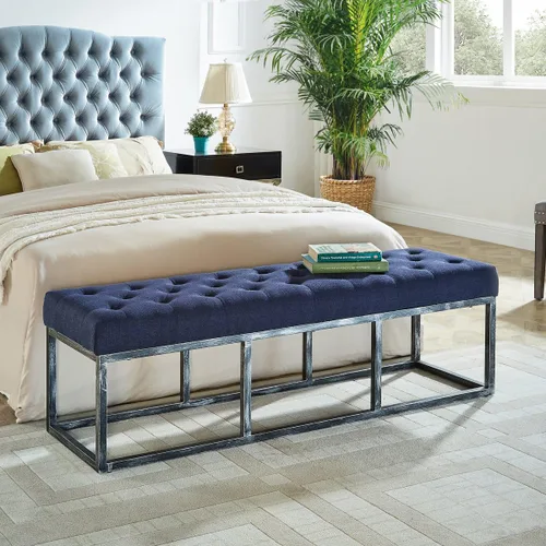 Vista 28 de 24KF Banco largo tapizado con patas de metal dorado, banco de terciopelo gris con asiento acolchado, gris