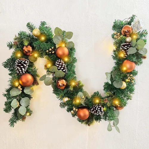 Vista 8 de WANNA-CUL Guirnalda de Navidad preencendida de 6 pies / 72 pulgadas con luces para decoración de puerta principal con adornos de bolas de Navidad