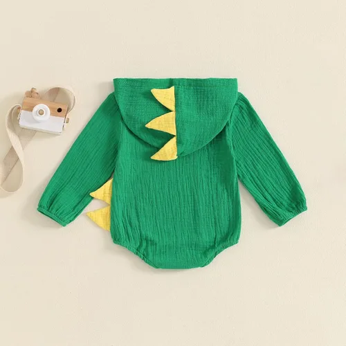 Vista 6 de Thorn Tree Ropa de bebé recién nacido, ropa de dinosaurio de algodón y lino, mameluco con capucha para Halloween Verde