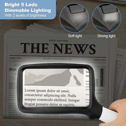 Vista 3 de Lupa plegable de mano con luz, lupa de lectura rectangular grande 3X con LED regulable para degeneración macular personas mayores de lectura