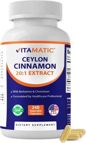 Vitamatic Canela de Ceilán y berberina con cromo – Extracto botánico a base de plantas – Cápsulas vegetales – Sin OMG, sin gluten – Suplemento de