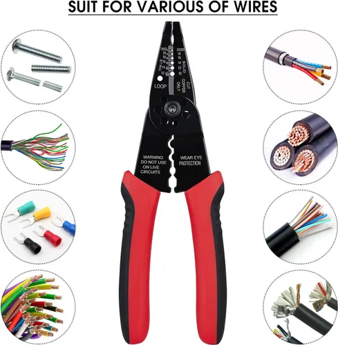 Vista 5 de WGGE WG-015 Professional 8-inch Wire Stripper/Crimping Tool, Cable Cutter/Crimper, Wiring and Multi-Function Hand Tool, Red With Black