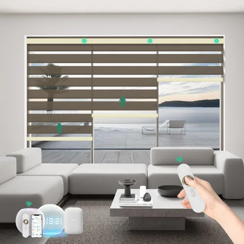 Vista 18 de Persianas motorizadas de cebra con control remoto, funcionan con HomeKit Alexa, cortinas eléctricas automáticas para ventanas, 60% opacas, filtro