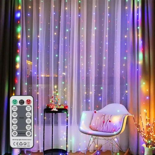 Guirnalda de luces de cortina multicolor, 9.8 pies x 6.6 pies, 200 luces LED colgantes con control remoto para decoración de pared de dormitorio de