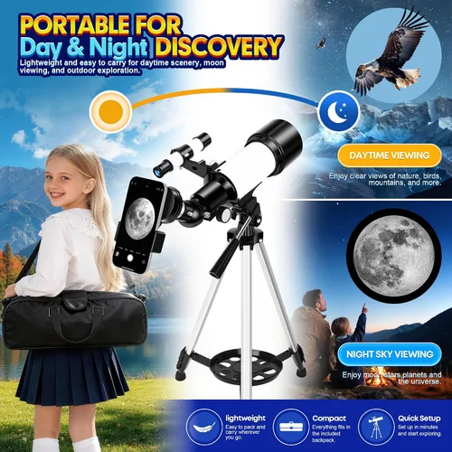 Vista 7 de Telescopio de 2.756 in para niños y adultos principiantes con Telescopio refractor, telescopios astronómicos portátiles de viaje, visión de la luna