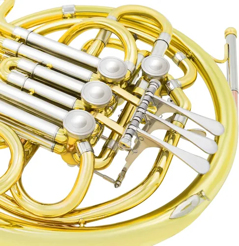 Vista 2 de Corno Francés Doble (Fa/Si♭) 4 Teclas Laca Dorada - Instrumento de Viento de Latón Intermedio con Estuche, Boquilla y Kit de Limpieza - Kit Completo