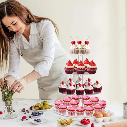 Vista 3 de YestBuy Soporte redondo de acrílico para cupcakes de 4 niveles con base, soporte para cupcakes de alta calidad, torre de acrílico para cupcakes