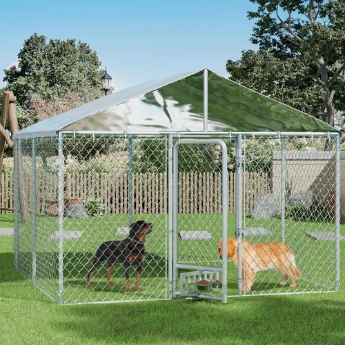 Vista 10 de Perrera para perros al aire libre de 7.5 x 7.5 x 5.3 pies con techo, recinto para perros con alimentador giratorio, corralito grande y resistente