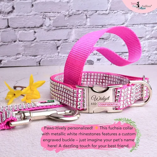 Vista 6 de Collar de perro con diamantes de imitación personalizable, hebilla grabada y opciones de correa, hecho en Estados Unidos, collares brillantes