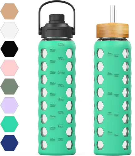 Vista 10 de MUKOKO Botellas de agua de vidrio, vaso de vidrio de 24 onzas con popote, botellas para beber con 2 tapas con tapa de boquilla con asa y tapa