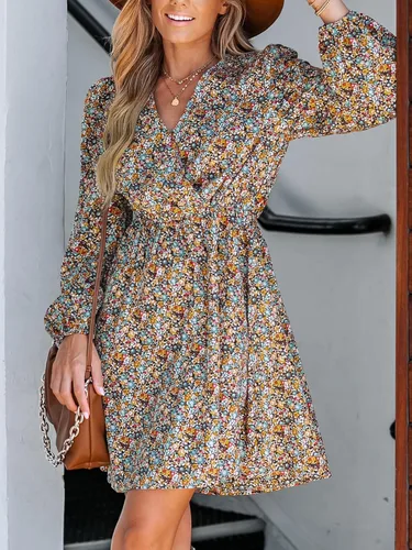 Vista 2 de CUPSHE Mini vestido floral con cuello en V para mujer, manga larga, línea A
