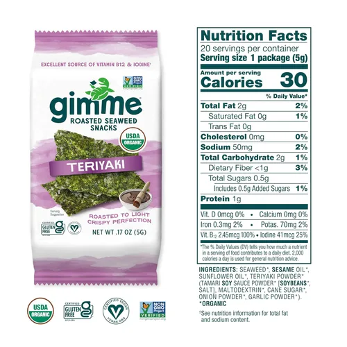 Vista 10 de Gimme Algas Marinas Aperitivos de Algas Marinas Tostadas Orgánicas Premium, Chile Lima, 20 Unidades, Keto, Vegano, Sin Gluten, Gran Fuente