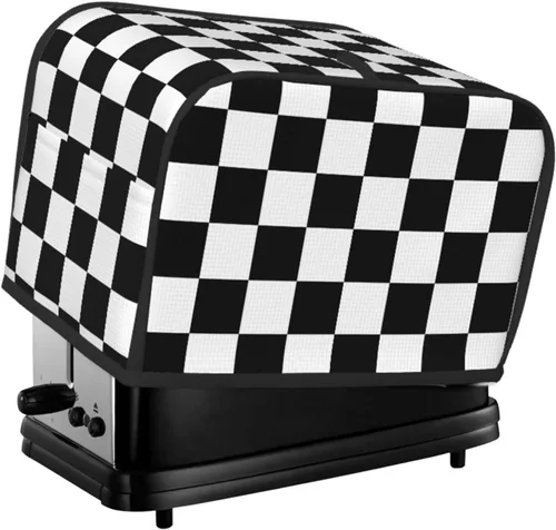 Vista 2 de Funda para máquina de pan de 2 rebanadas de color blanco y negro con bolsillos, cubierta para tostadora, protección de huellas dactilares, lavable a