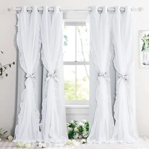Vista 27 de PONY DANCE Cortinas con Volantes de Doble Capa con Superposición Transparente, Decoración Elegante para Ventanas de Diseño Rústico Francés de Campo