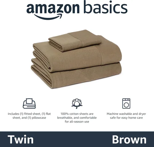 Vista 2 de Amazon Basics Juego de sábanas de jersey 100% algodón, material transpirable, lavable a máquina, individual, marrón