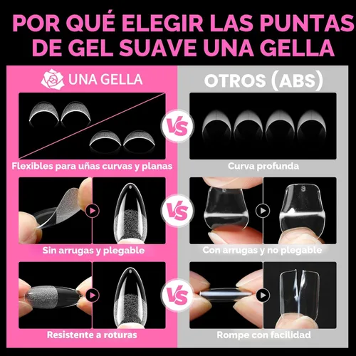 Vista 6 de UNA GELLA 216 puntas de uñas de almendra medianas, uñas postizas de gel preformadas para cobertura completa, uñas postizas francesas acrílicas