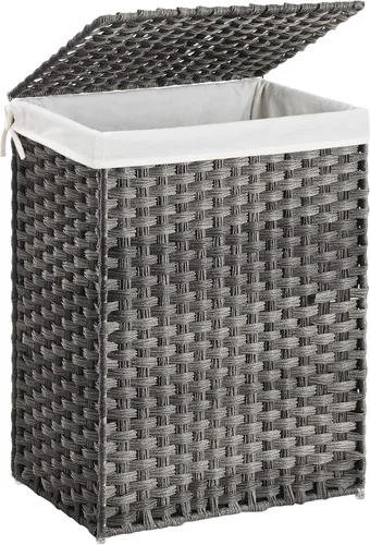 Vista 5 de SONGMICS Cestas de lavandería tejidas a mano (90L) Cestas de ropa de ratán sintético con tapa y asas
