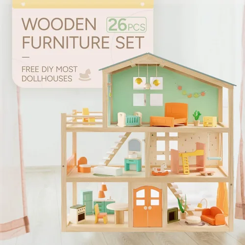 Vista 6 de Giant bean Juego de 5 muebles grandes de madera para casa de muñecas de 26 piezas para cocina, sala de estar, dormitorio, baño, cuarto de bebé