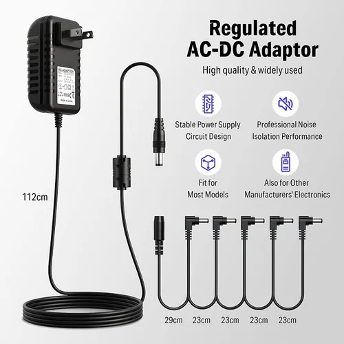 Vista 2 de Donner DPA-1 adaptador de suministro de energía de 9 V CD 1 A a pedal, punta negativa, cadena de cables con 5 conexiones para efecto de pedal.
