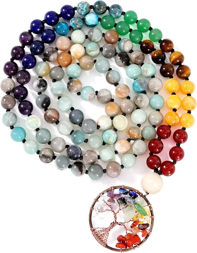 Bivei - Pulsera de 108 cuentas de mala. Collar de piedras preciosas curativas, árbol de la vida de 7 chakras, para meditación y yoga.