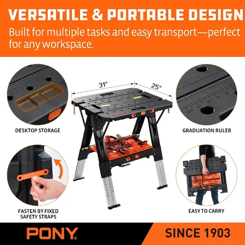Vista 9 de Pony Portable Folding Work Table, Workbench & Sawhorse