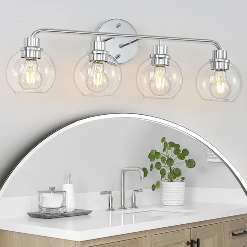 Vista 14 de Lámparas de baño doradas para tocador, 3 luces, apliques de pared, luces de latón cepillado con pantallas de vidrio globo transparente, lámpara