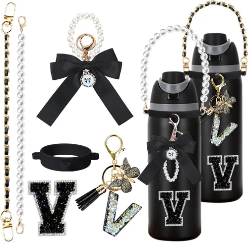 Vista 16 de 6 piezas de accesorios con letras para botella de agua Owala 24 oz 32 oz 40 oz, con lindos dijes iniciales y correa para el asa, compatible con Negro