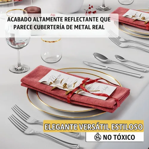 Vista 4 de Exquisite Cucharas de plástico doradas resistentes, 120 piezas de cubiertos de plástico dorado, juego de cubiertos desechables de alta resistencia