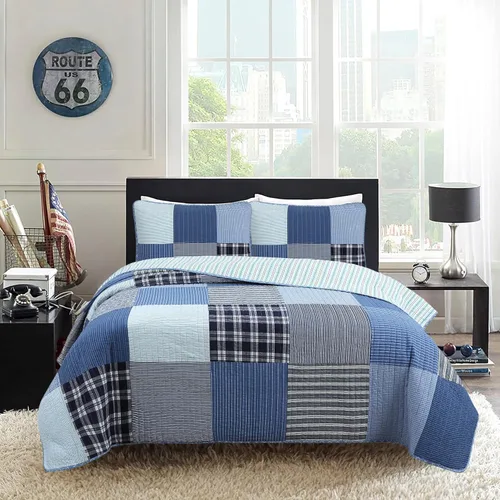 Vista 23 de Cozy Line Home Fashions Waylon - Juego de edredón reversible a rayas 100% algodón, color azul marino, verde y blanco, colcha