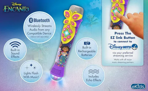 Vista 3 de eKids Disney Encanto - Micrófono de karaoke con altavoz Bluetooth, micrófono inalámbrico que se conecta a canciones de Disney a través de la función