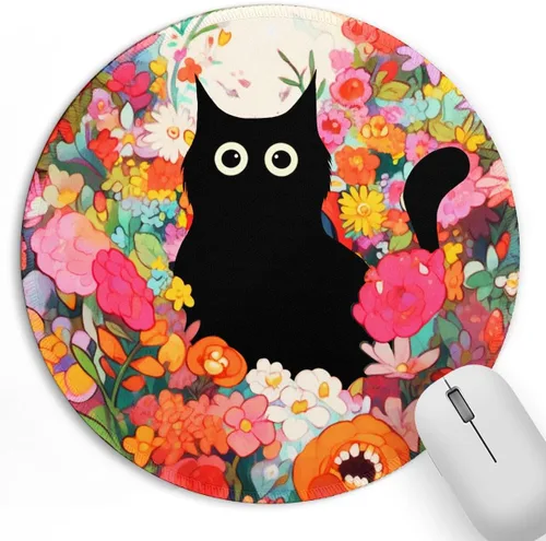 Alfombrilla de ratón pequeña con diseño de flor de gato negro, bonita alfombrilla de ratón estética de anime con base de goma antideslizante,
