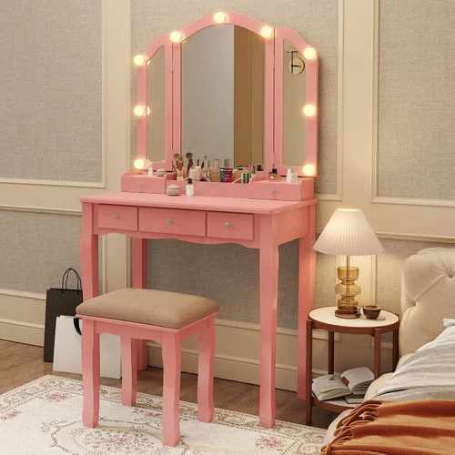 Vista 3 de YIXHQ Tocador con luces para niñas, juego de escritorio con cajones, tocador de maquillaje con espejo y luces, tocador de maquillaje rosa