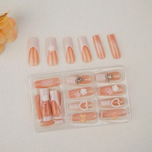 Vista 2 de Uñas postizas largas cuadradas a presión, uñas postizas con punta francesa con clavos, diseño de lazo, rosa, cobertura completa, uñas postizas extra