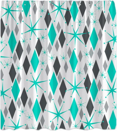 Vista 4 de Mid Century Shower Curtain Modern Blue Grey Abstract Geometric Atomic Vintage 1950s 60s Minimalist Retro Boho Fabric Curtain with Hook