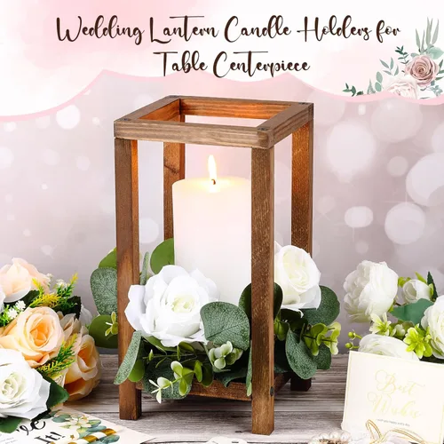 Vista 4 de Soaoo 24 faroles de madera para velas de boda, centro de mesa a granel para mesa, portavelas de madera rústica, farol de granja para bodas, fiestas